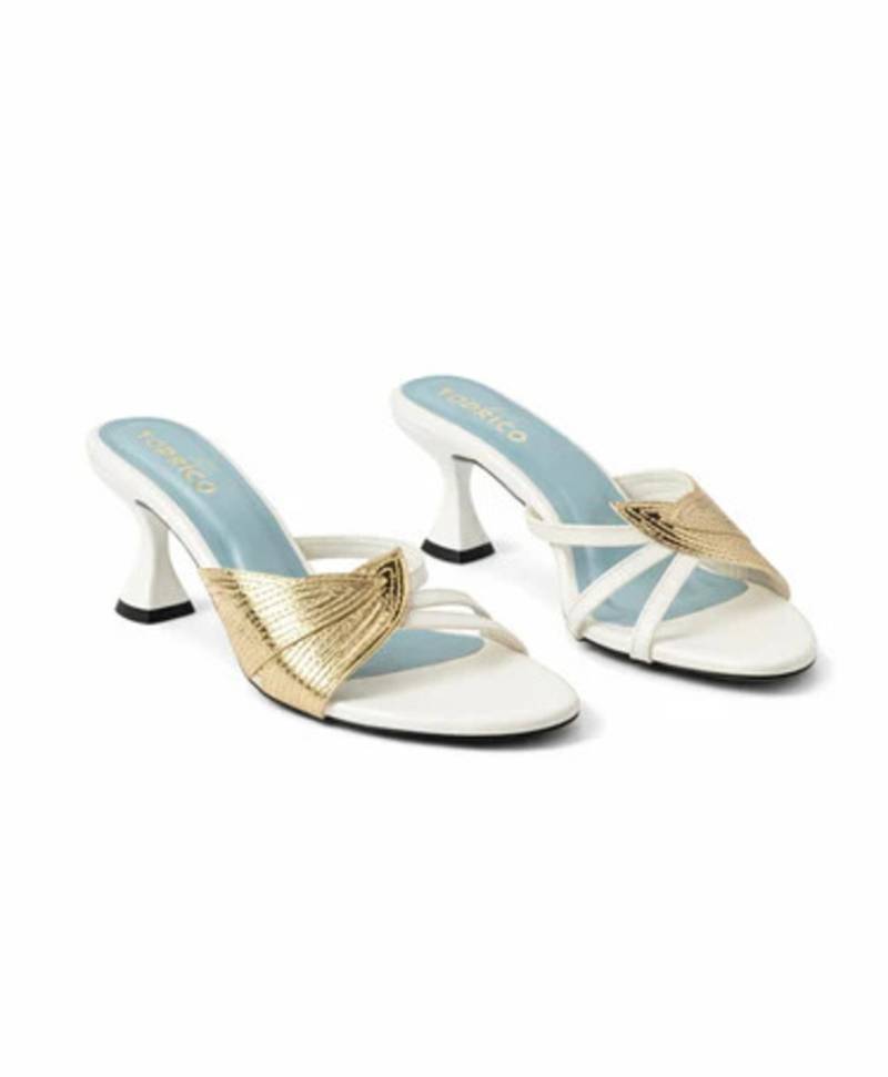 White leaf embellished artificial leather block heel sandals for women