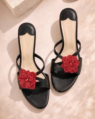 Black floral embellished artificial leather kitten heel sandals for women 1