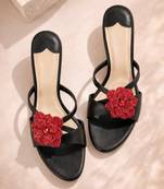 Black floral embellished artificial leather kitten heel sandals for women