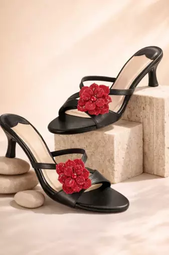 Black floral embellished artificial leather kitten heel sandals for women