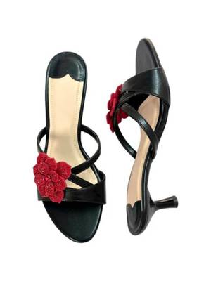 Black floral embellished artificial leather kitten heel sandals for women 3
