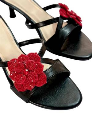 Black floral embellished artificial leather kitten heel sandals for women 4