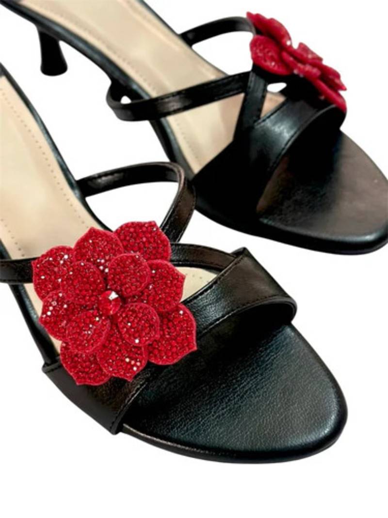 Black floral embellished artificial leather kitten heel sandals for women
