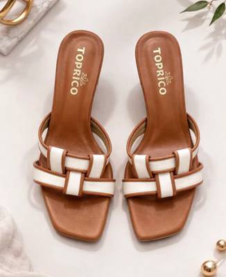 Tan woven artificial leather flared block heel sandals for women 1