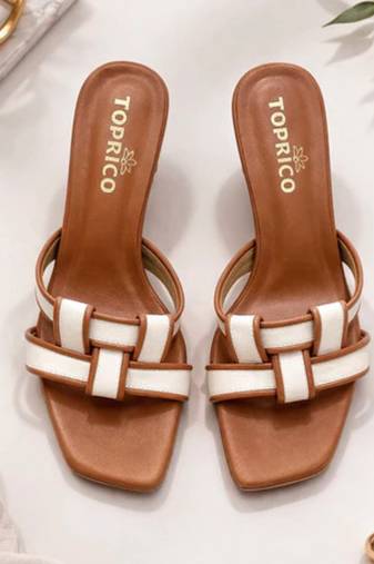Tan woven artificial leather flared block heel sandals for women