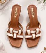 Tan woven artificial leather flared block heel sandals for women