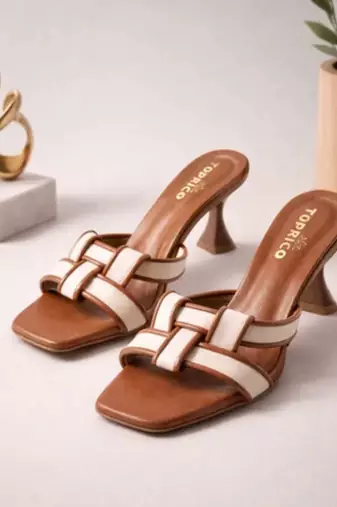 Tan woven artificial leather flared block heel sandals for women