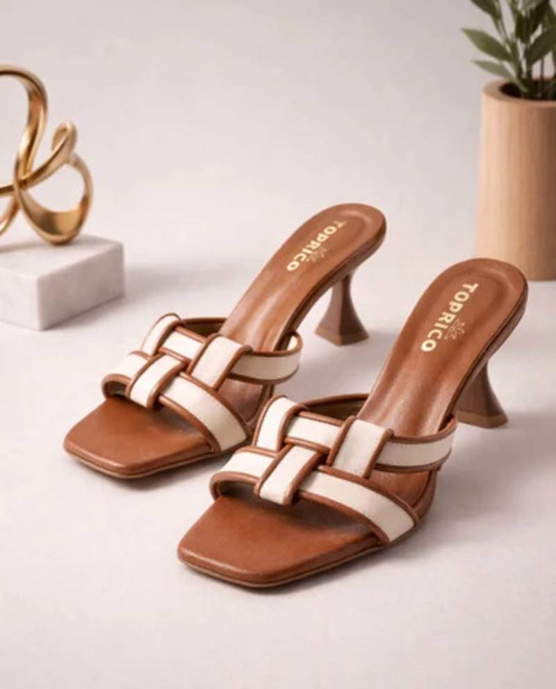 Tan woven artificial leather flared block heel sandals for women