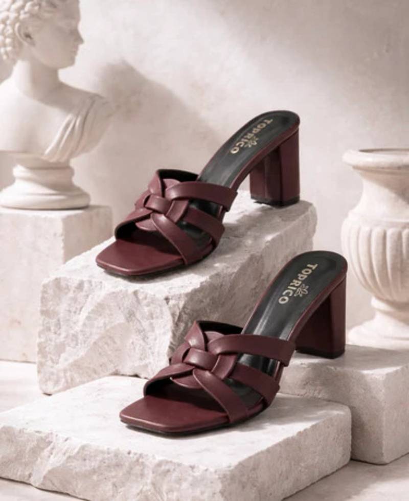 Black knotted artificial leather block heel sandals for women