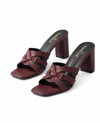 Black knotted artificial leather block heel sandals for women 4