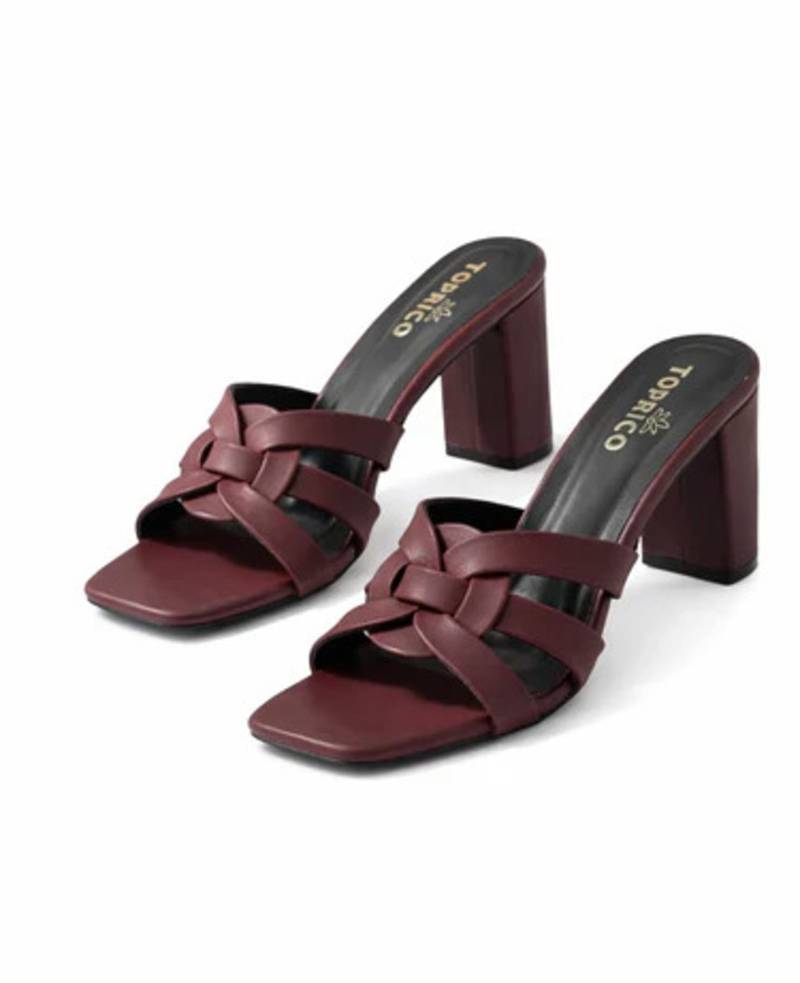 Black knotted artificial leather block heel sandals for women