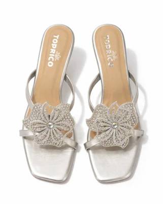 Silver crystal embellished artificial leather butterfly block heels for women 1