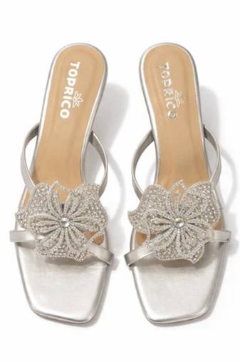 Silver crystal embellished artificial leather butterfly block heels for women