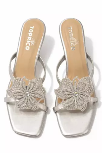 Silver crystal embellished artificial leather butterfly block heels for women