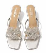 Silver crystal embellished artificial leather butterfly block heels for women