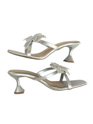 Silver crystal embellished artificial leather butterfly block heels for women 2