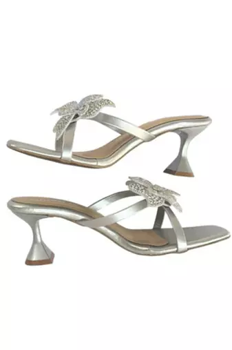 Silver crystal embellished artificial leather butterfly block heels for women