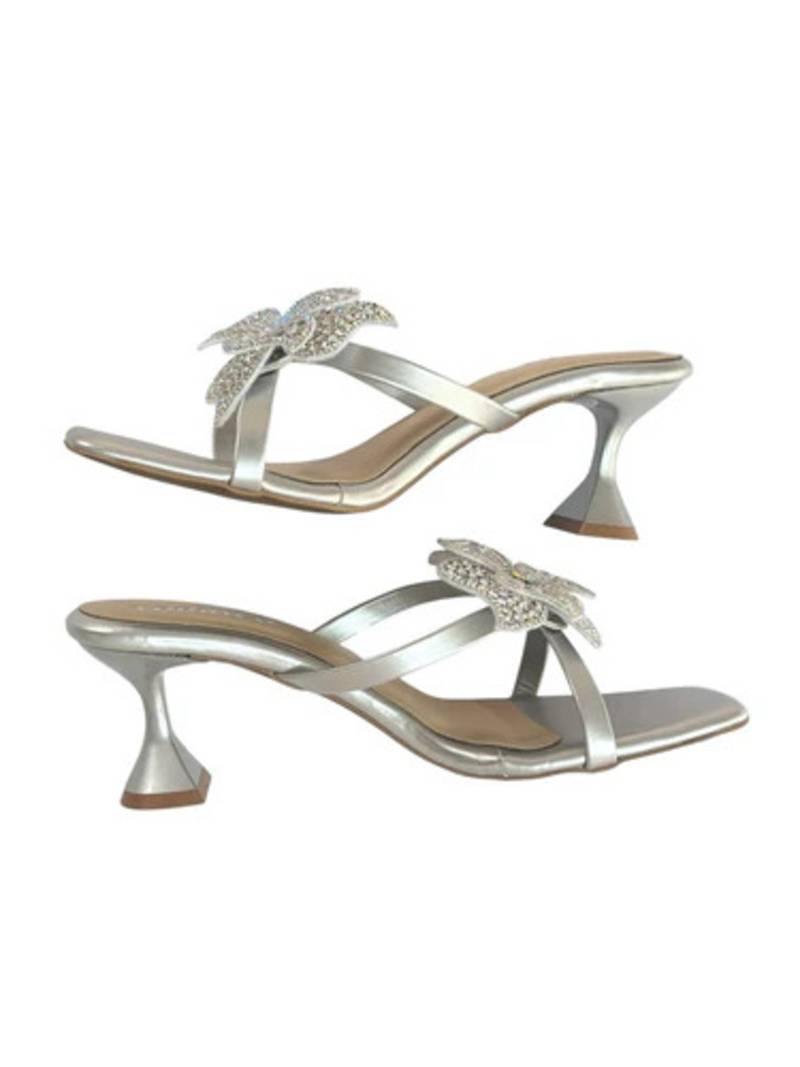 Silver crystal embellished artificial leather butterfly block heels for women