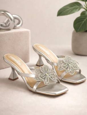 Silver crystal embellished artificial leather butterfly block heels for women 3