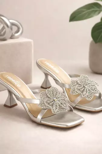 Silver crystal embellished artificial leather butterfly block heels for women