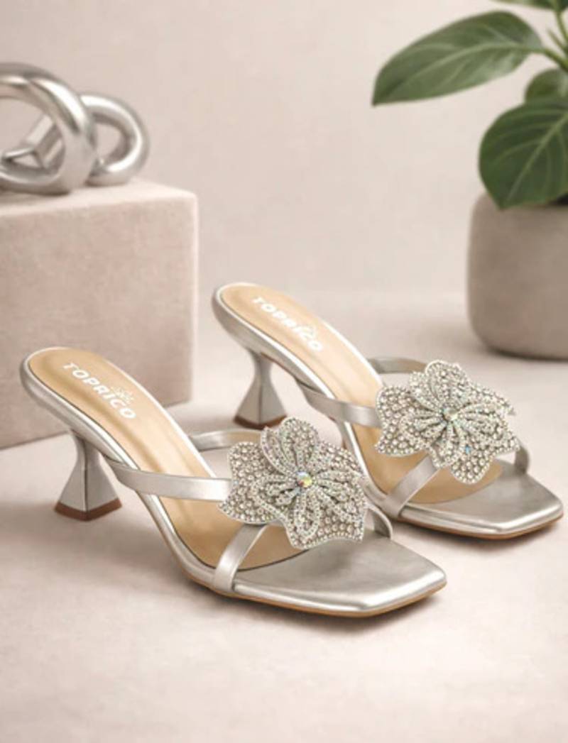 Silver crystal embellished artificial leather butterfly block heels for women
