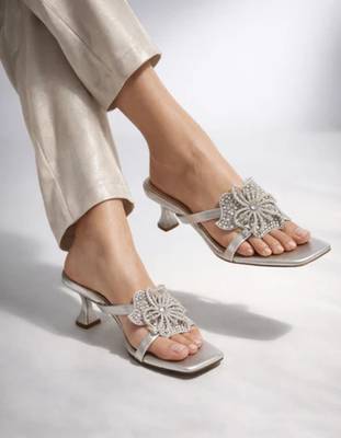 Silver crystal embellished artificial leather butterfly block heels for women 4