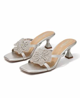 Silver crystal embellished artificial leather butterfly block heels for women 5