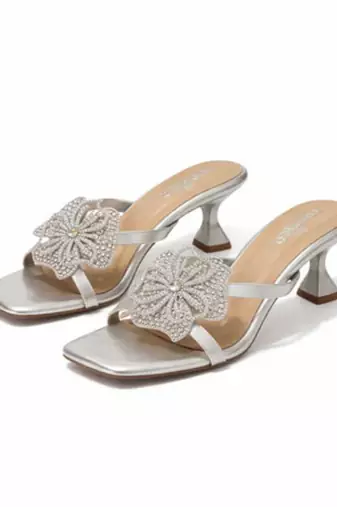 Silver crystal embellished artificial leather butterfly block heels for women