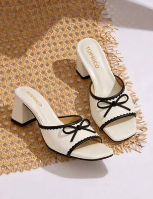 White bow embellished artificial leather block heel sandals for women 1