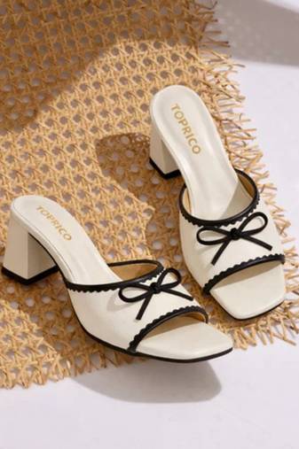 White bow embellished artificial leather block heel sandals for women