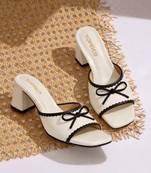 White bow embellished artificial leather block heel sandals for women