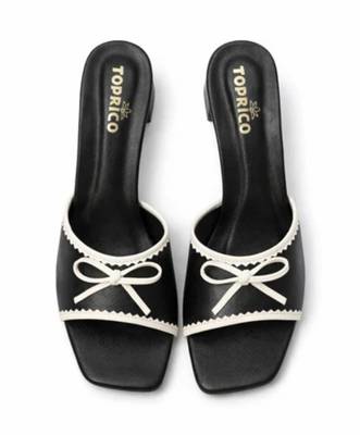 Black bow embellished artificial leather block heel sandals for women 1