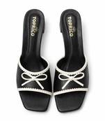 Black bow embellished artificial leather block heel sandals for women