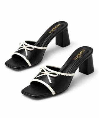 Black bow embellished artificial leather block heel sandals for women 2