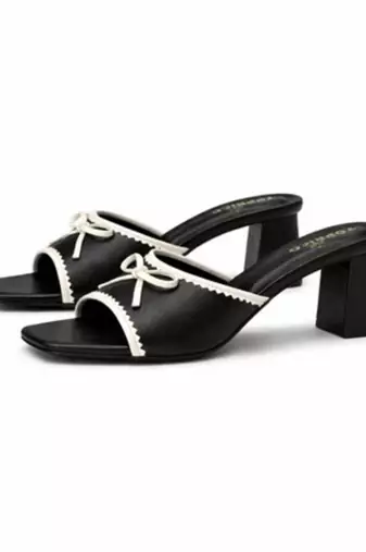 Black bow embellished artificial leather block heel sandals for women