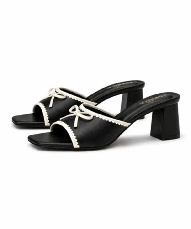 Black bow embellished artificial leather block heel sandals for women