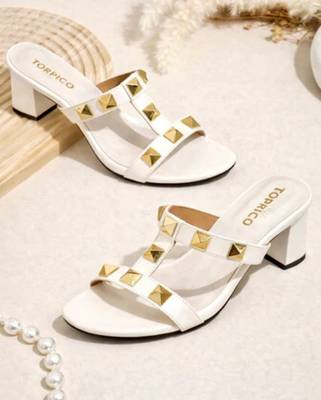 White studded artificial leather block heels for women 1