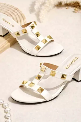 White studded artificial leather block heels for women
