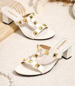 White studded artificial leather block heels for women