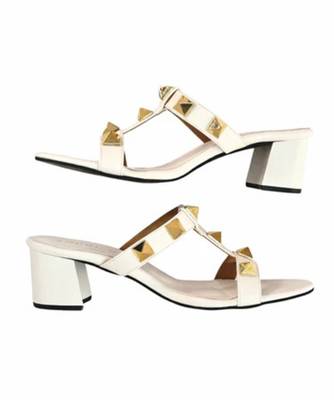 White studded artificial leather block heels for women 5