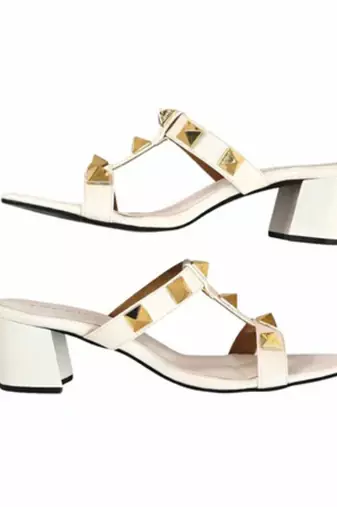 White studded artificial leather block heels for women