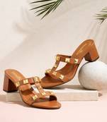 Tan studded artificial leather block heels for women