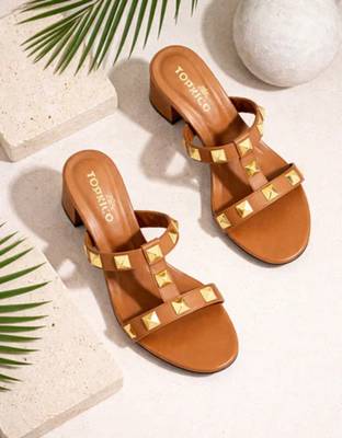 Tan studded artificial leather block heels for women 2