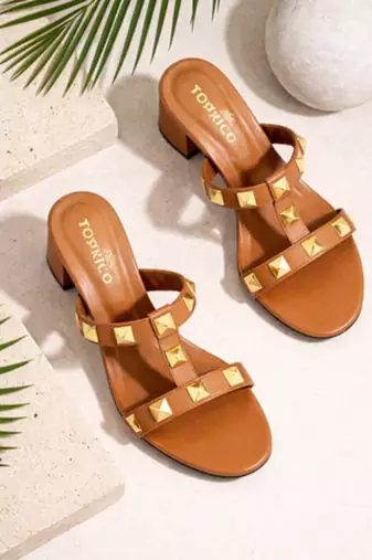 Tan studded artificial leather block heels for women