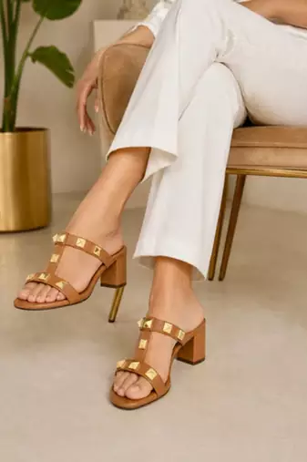 Tan studded artificial leather block heels for women