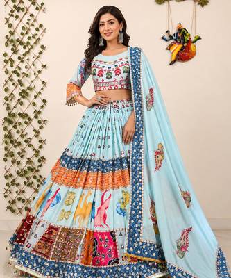 Sky Blue Muslin Cotton Navratri Chaniya Choli with Mirror Work & Dupatta 1