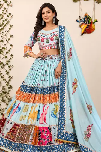 Sky Blue Muslin Cotton Navratri Chaniya Choli with Mirror Work & Dupatta