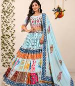Sky Blue Muslin Cotton Navratri Chaniya Choli with Mirror Work & Dupatta