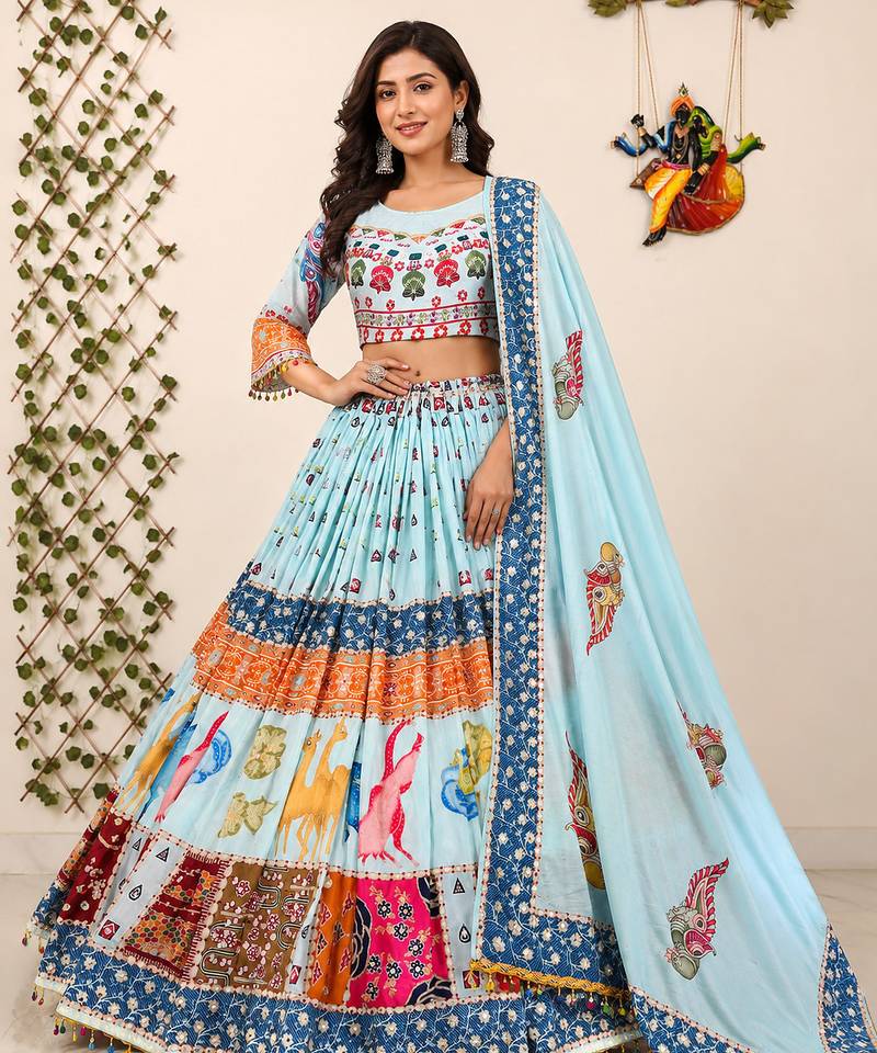 Sky Blue Muslin Cotton Navratri Chaniya Choli with Mirror Work & Dupatta
