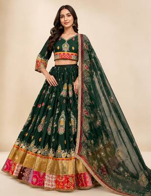 Green Muslin Cotton Navratri Chaniya Choli with Mirror Work & Georgette Dupatta 1